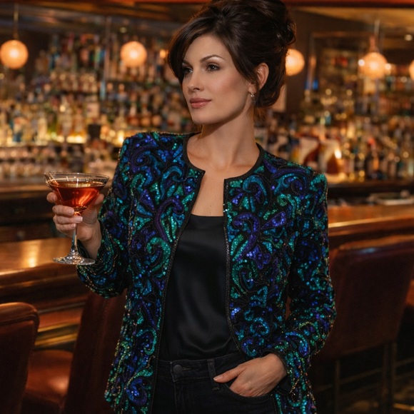 Vintage 1980’s Laurence Kazar Black, Blue, and Purple Sequin Beaded Jacket, Sz S - Picture 1 of 9